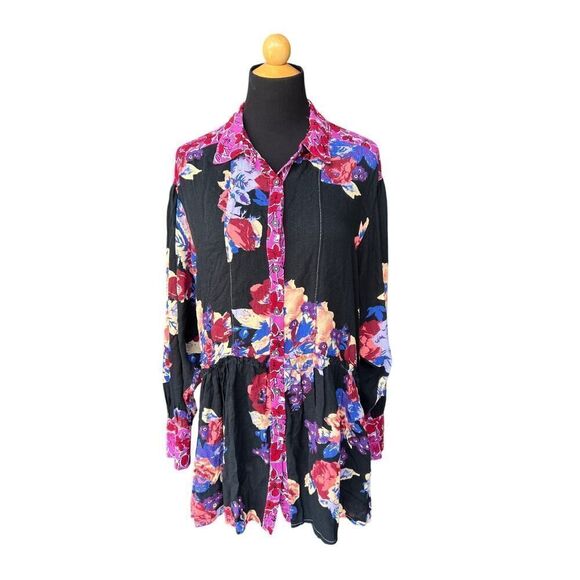 Free People Brunch A Bunch Longsleeve Tunic Top Black Floral Motif Size Small - Picture 8 of 8